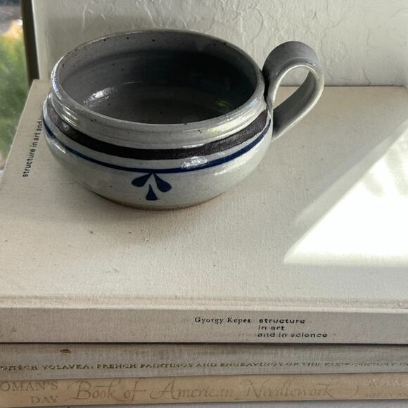 Studio Art Pottery Handmade Soup Bowl Handled Blue Striped Signed 5" X 3" - Picture 1 of 16